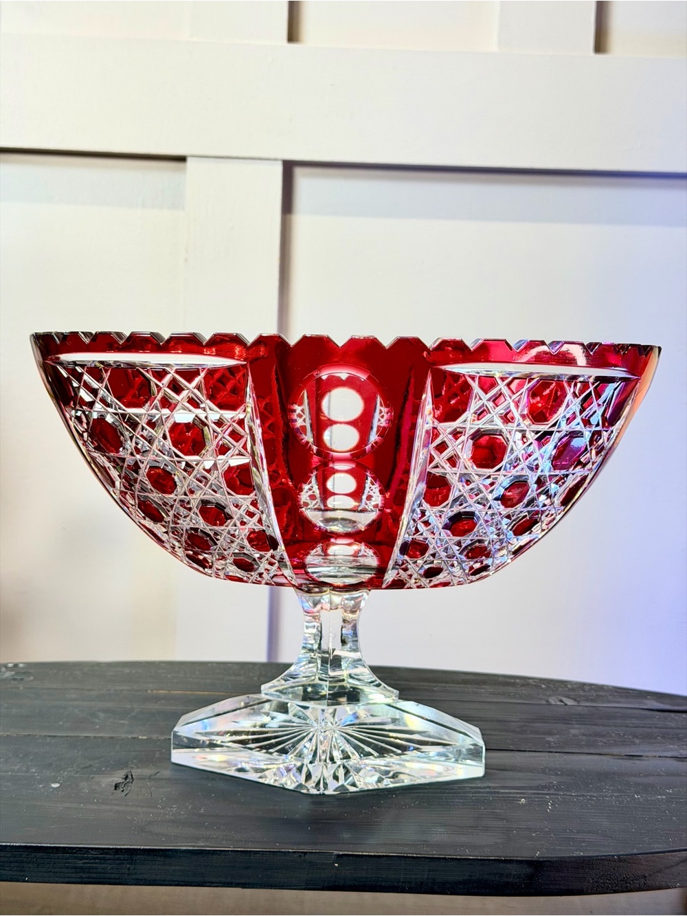 AJKA  GOLD RUBY CASED CUT TO CLEAR BRILLIANT CUT CRYSTAL CENTERPIECE FUTED BOWL